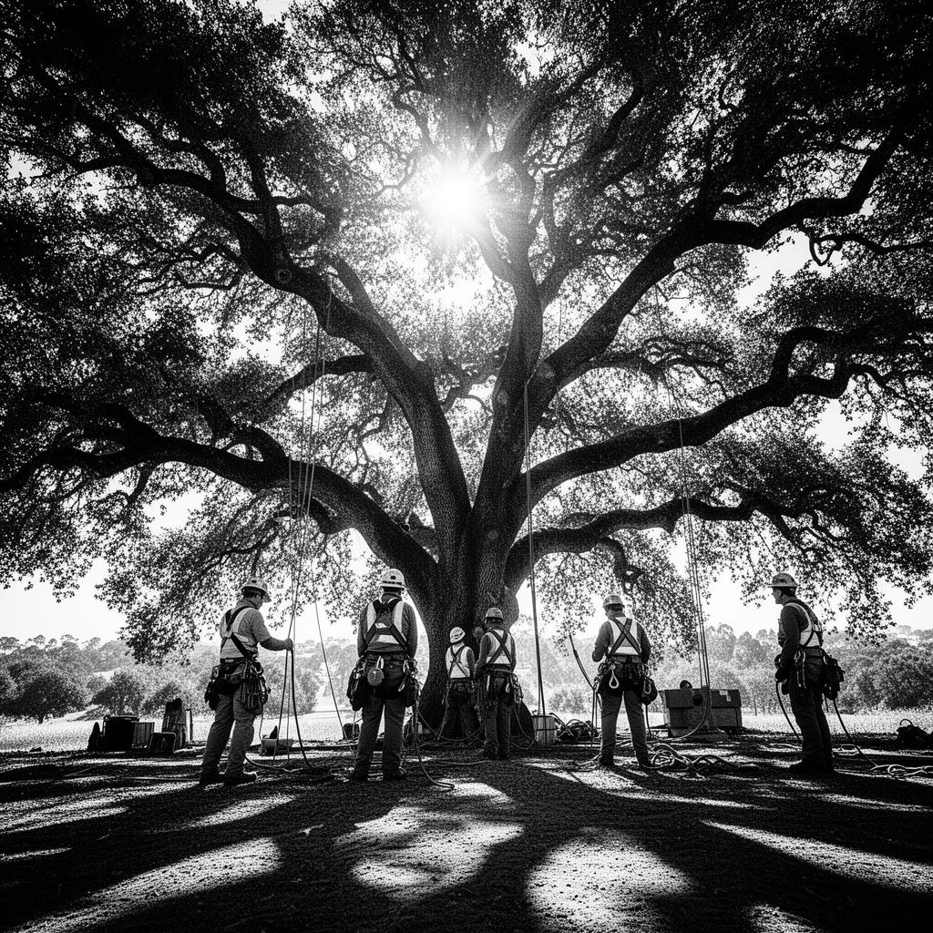Robin Hilton tree crew working beneath a mature San Diego oak canopy